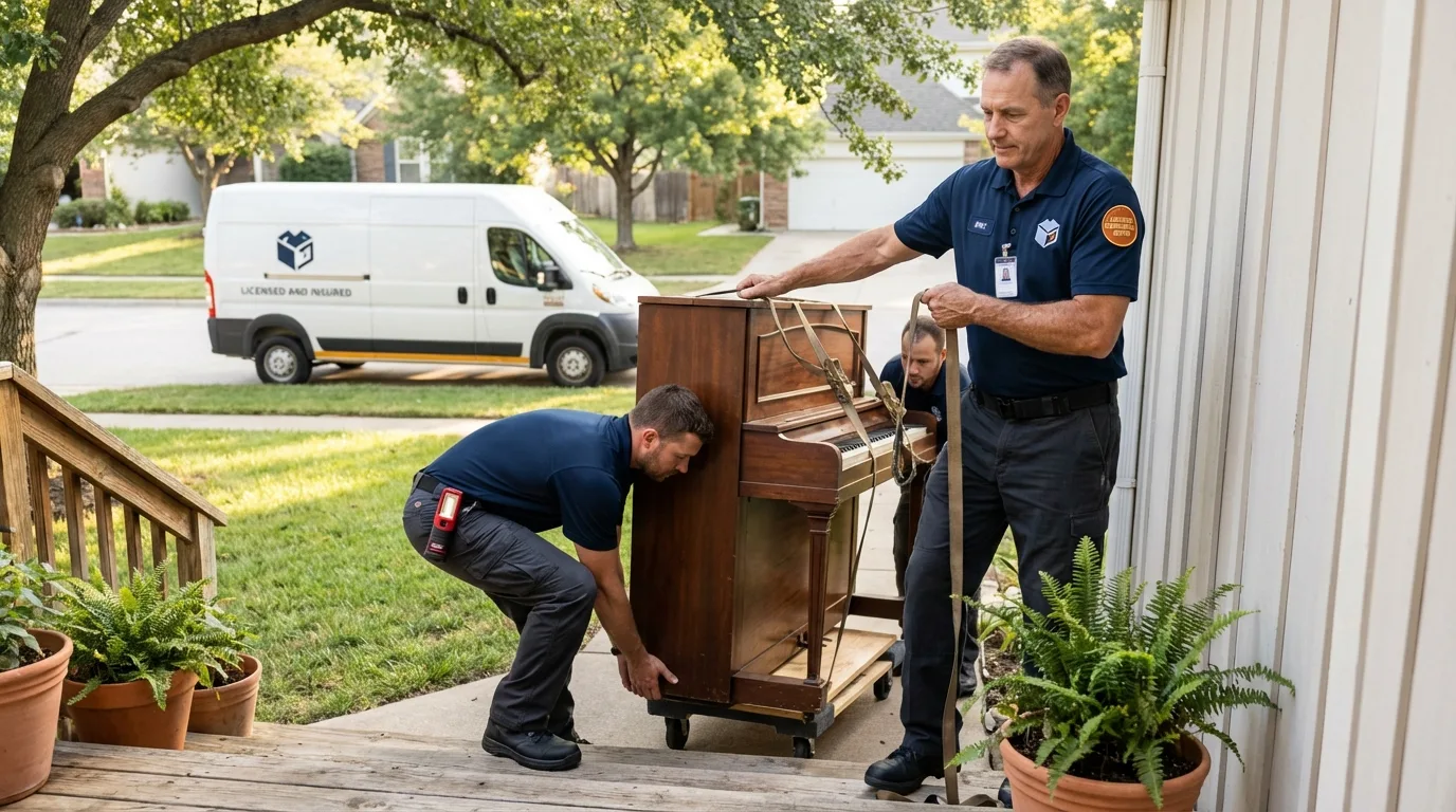 Licensed piano movers securing grand piano in Gaffney, SC