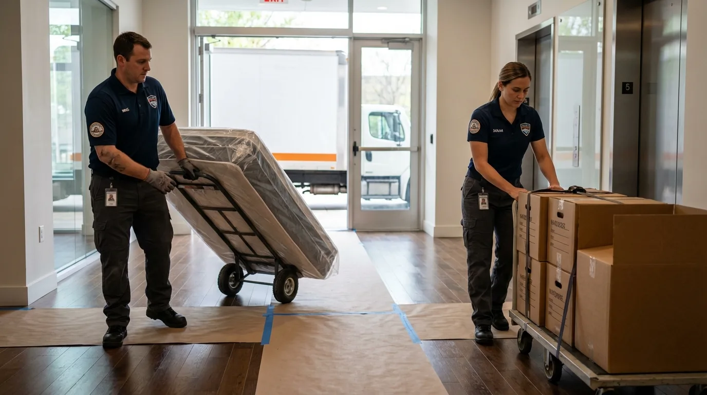 Professional apartment movers loading elevator in Gaffney, SC